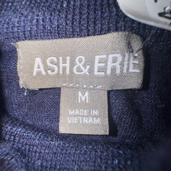 ASH & ERIE Mens Medium Navy Blue Marled Mock Neck Sweater Extrafine Merino Wool - Picture 2 of 11